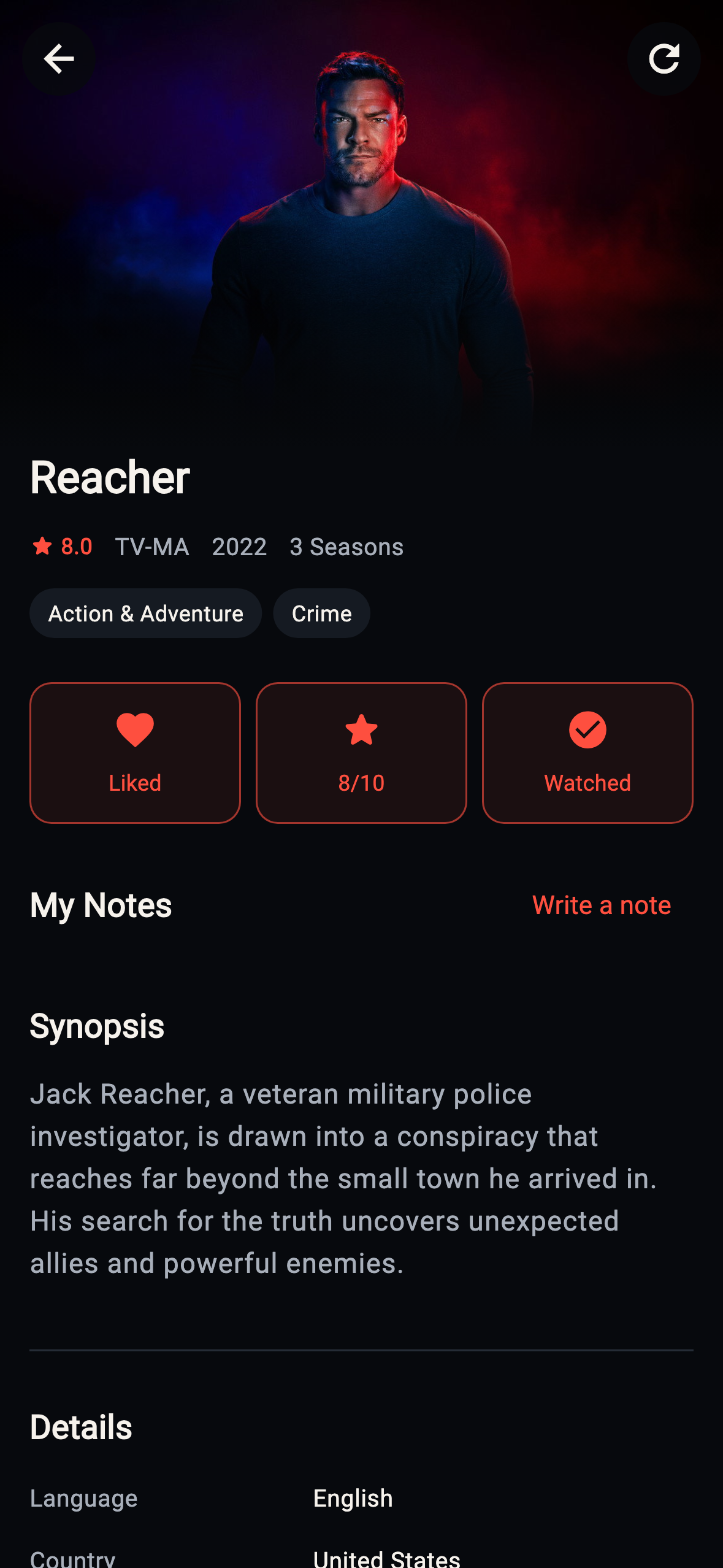Vidplex title details with personal rating, watched status and notes