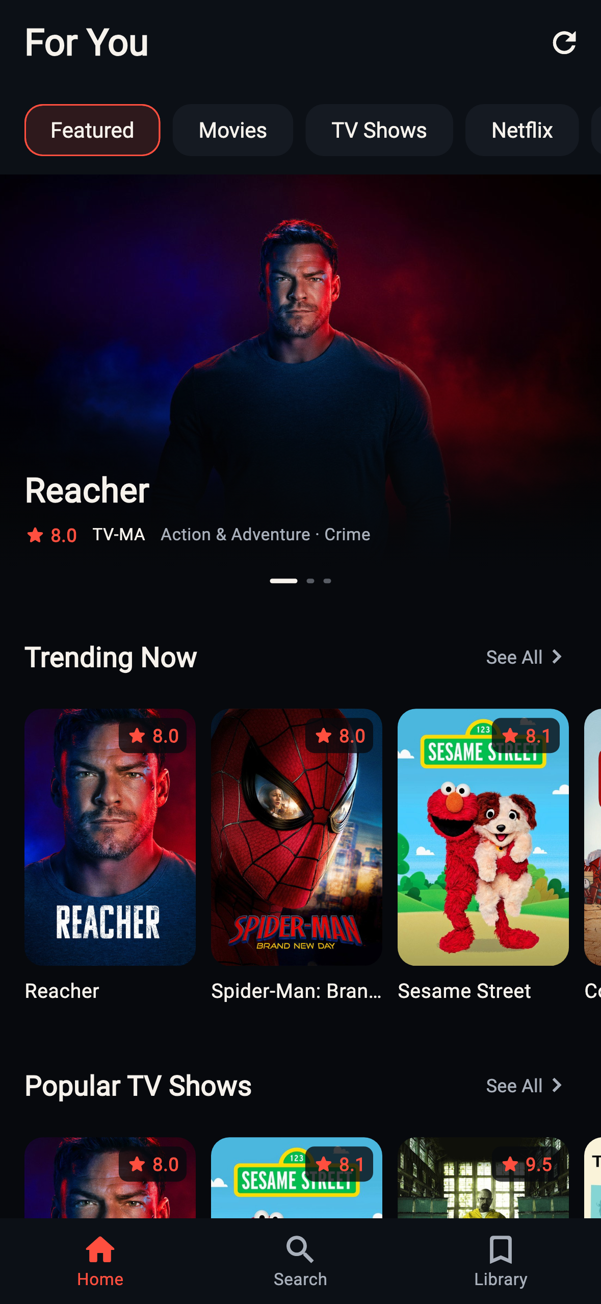 Vidplex home screen with featured movies and TV collections